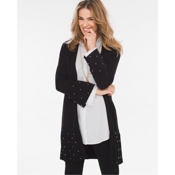 Chico's Sweaters - Chico's Pleated Faux-Pearl Accent Classy Long Open Cardigan Black Size 3P